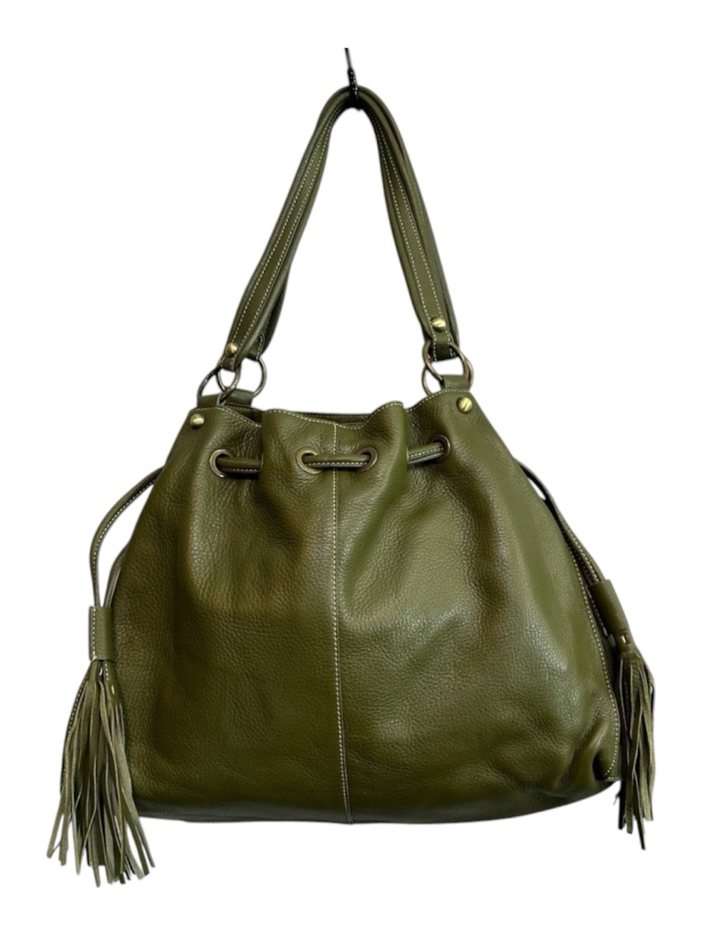 Nordstrom Olive Green Leather Drawstring Shoulder Bag with Tassels